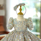 Vestido de bebé niña con lentejuelas, manga corta y largo hasta la rodilla 