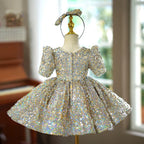 Vestido de bebé niña con lentejuelas, manga corta y largo hasta la rodilla 