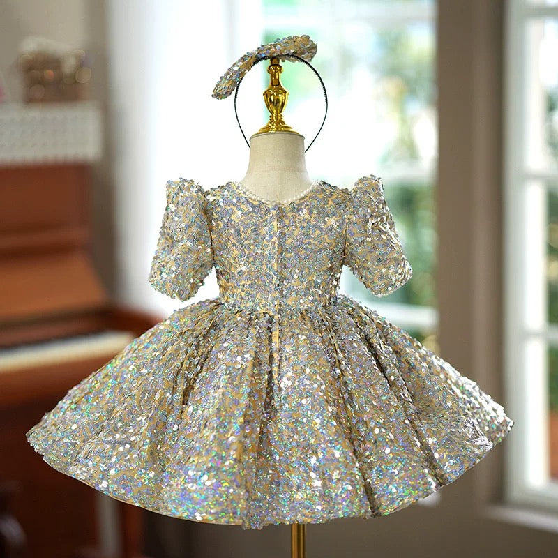 Vestido de bebé niña con lentejuelas, manga corta y largo hasta la rodilla 
