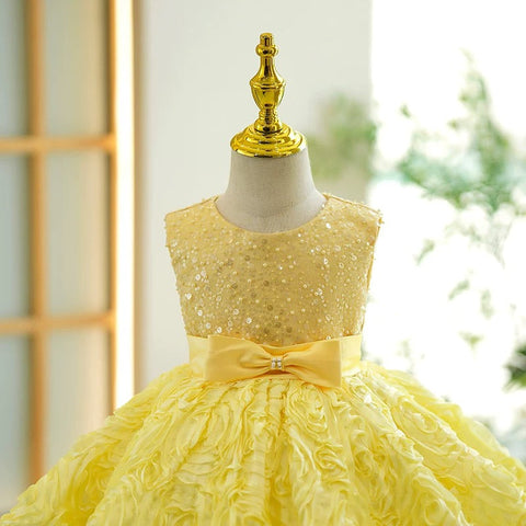 Robe bébé fille jaune à manches pailletées, longueur genou 