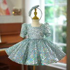Vestido de bebé niña con lentejuelas, manga corta y largo hasta la rodilla 