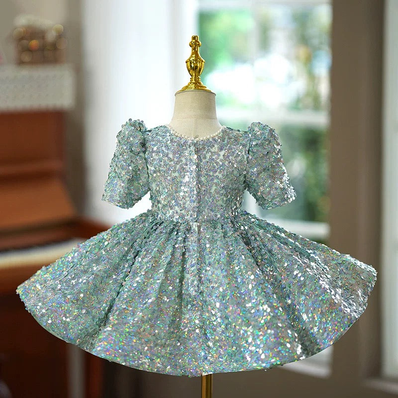 Vestido de bebé niña con lentejuelas, manga corta y largo hasta la rodilla 