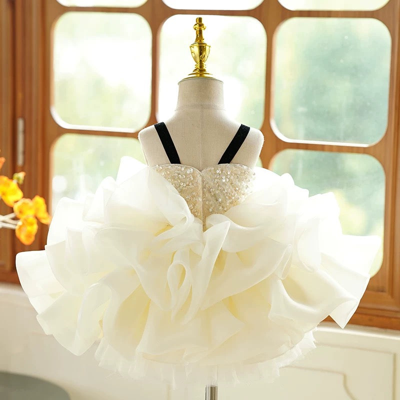 Vestido de organza con flores 3D hasta la rodilla para fiesta de primer cumpleaños de niña 