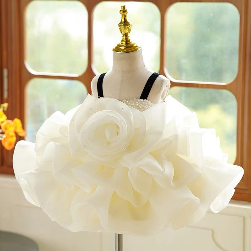 Vestido de organza con flores 3D hasta la rodilla para fiesta de primer cumpleaños de niña 