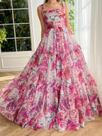 Vestido largo de fiesta rosa con estampado floral de corte A 