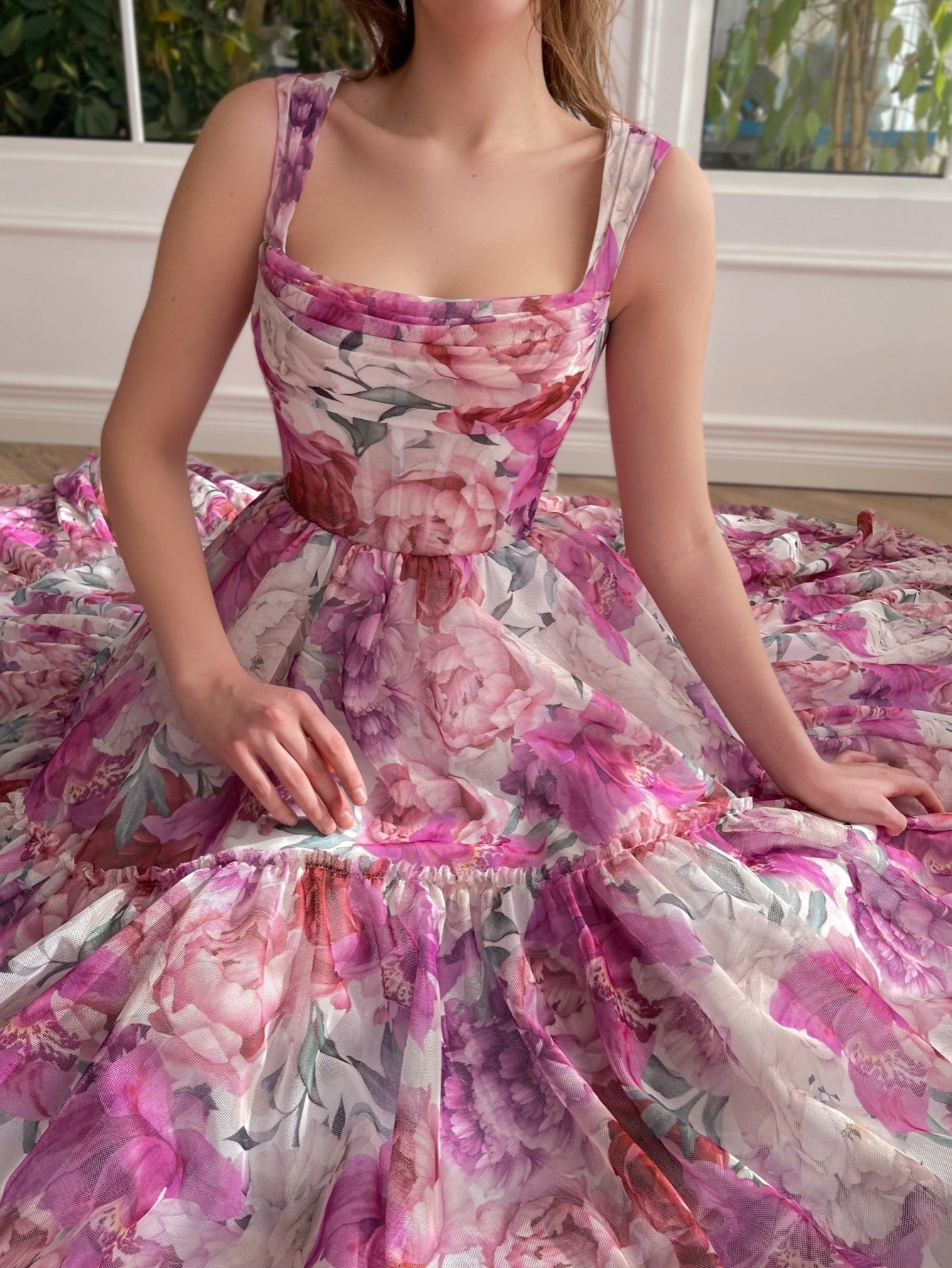 Vestido largo de fiesta rosa con estampado floral de corte A 
