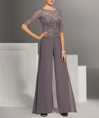Tailleur-pantalon en mousseline à manches courtes et dentelle pour la mère de la mariée 