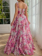 Vestido largo de fiesta rosa con estampado floral de corte A 