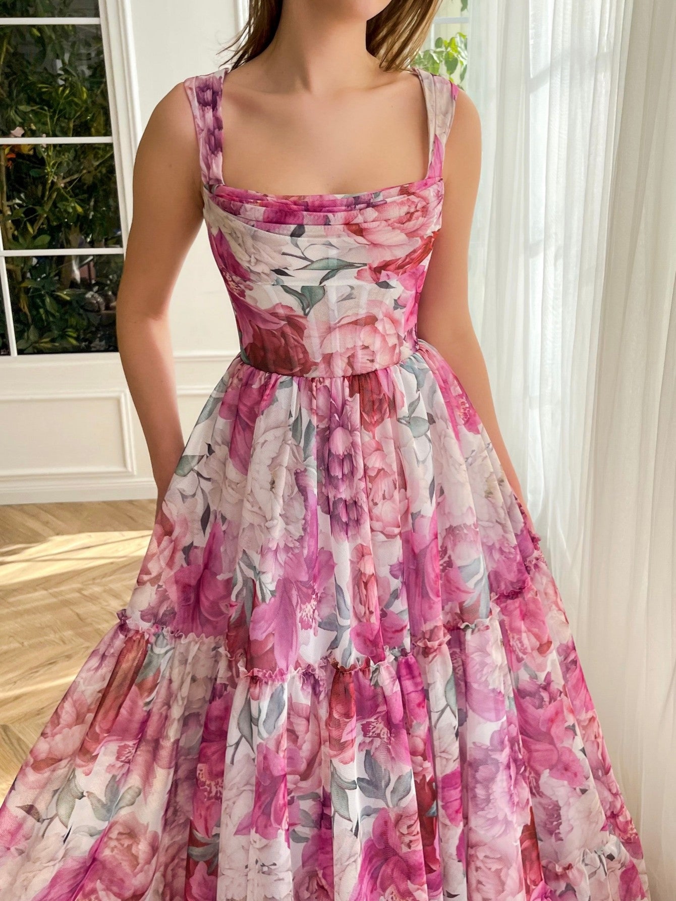 Vestido largo de fiesta rosa con estampado floral de corte A 