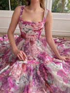 Vestido largo de fiesta rosa con estampado floral de corte A 