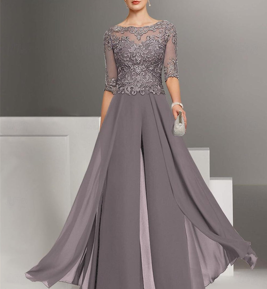 Tailleur-pantalon en mousseline à manches courtes et dentelle pour la mère de la mariée 