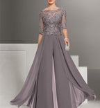 Tailleur-pantalon en mousseline à manches courtes et dentelle pour la mère de la mariée 
