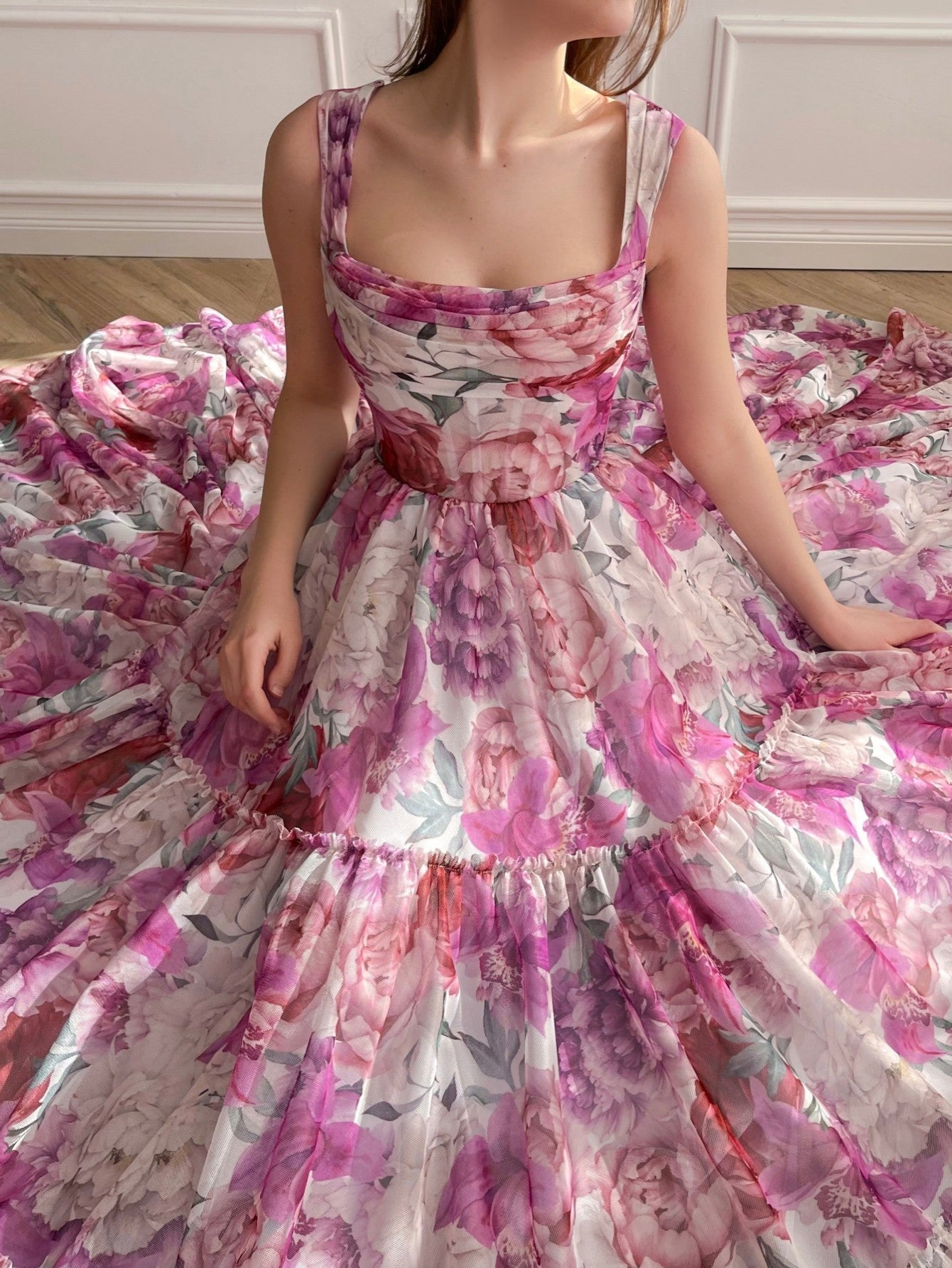 Vestido largo de fiesta rosa con estampado floral de corte A 