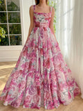 Vestido largo de fiesta rosa con estampado floral de corte A 