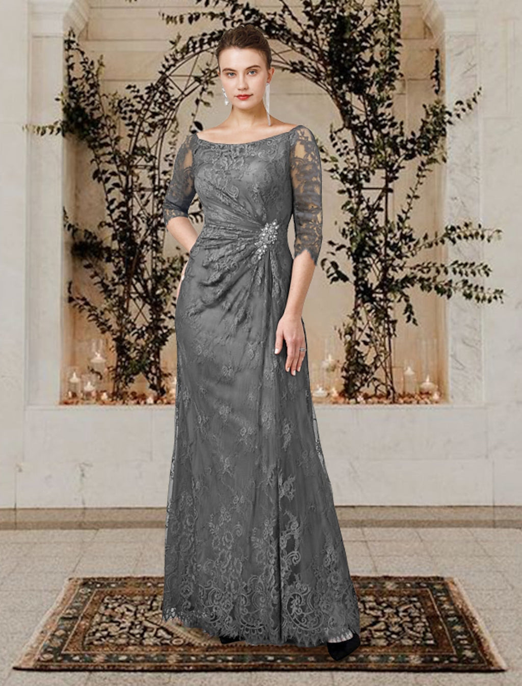 Robes de mère de la mariée longues, coupe trapèze/col princesse, col bijou 