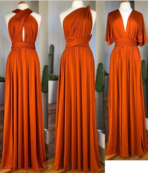 Vestido de dama de honor naranja infinito sin mangas con corte tubo y múltiples posiciones