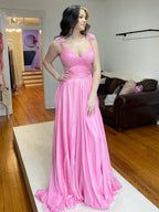 Iona | Robe de bal longue trapèze en mousseline rose plissée 