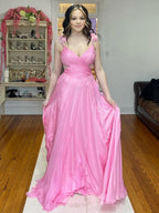 Iona | Robe de bal longue trapèze en mousseline rose plissée 