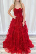Isoline | Robe de bal rouge à fines bretelles froncées en tulle scintillant | Magnifique robe de bal Isoline | 