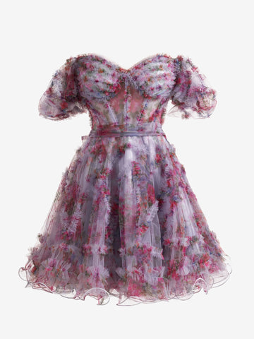 Vestido de fiesta estampado floral con hombros descubiertos