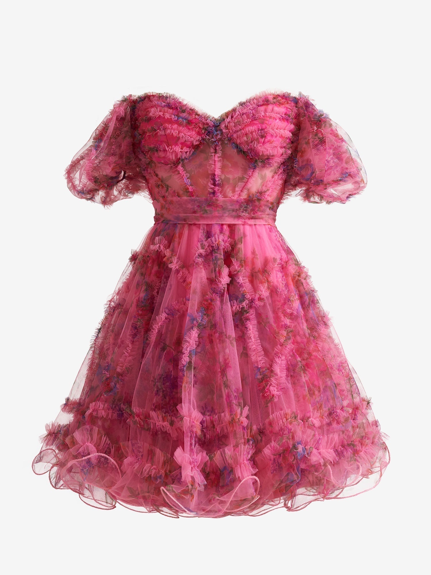 Vestido de fiesta estampado floral con hombros descubiertos
