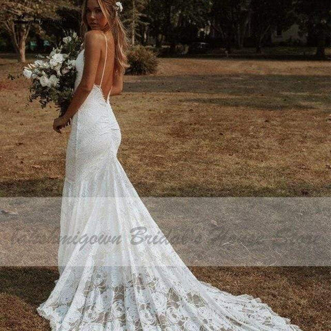 Baoleely Vintage Lace Mermaid Dress Summer Wedding Dresses Open Back