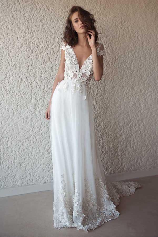 Robe de mariée transparente ivoire à manches courtes, modèle WD332