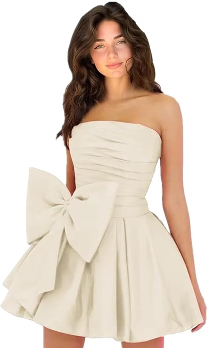 Robes de soirée courtes et chics pour le bal de promo, coupe trapèze, sans manches, bustier, froncées, lacées et ornées d'un nœud.