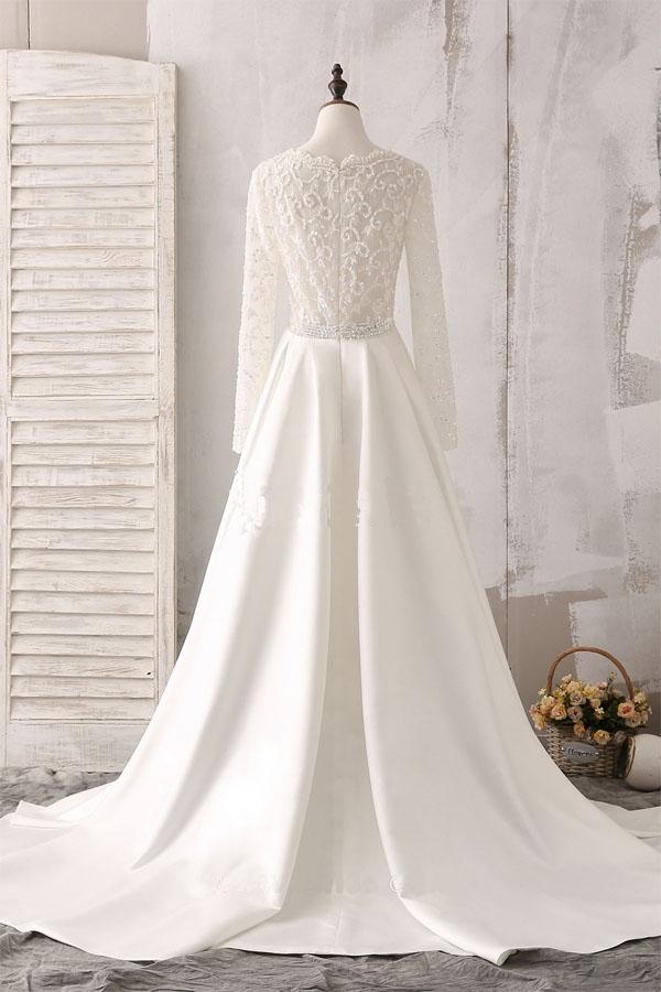 Vestido de novia de encaje marfil y satén con escote en V, manga larga y cuentas WD144 