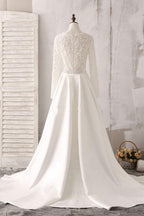 Vestido de novia de encaje marfil y satén con escote en V, manga larga y cuentas WD144 