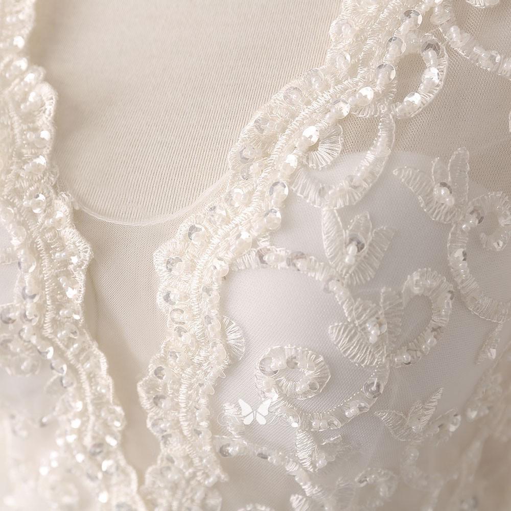 Vestido de novia de encaje marfil y satén con escote en V, manga larga y cuentas WD144 