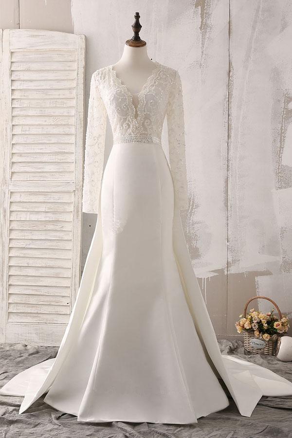 Vestido de novia de encaje marfil y satén con escote en V, manga larga y cuentas WD144 