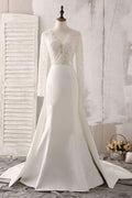 Vestido de novia de encaje marfil y satén con escote en V, manga larga y cuentas WD144 
