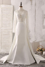 Vestido de novia de encaje marfil y satén con escote en V, manga larga y cuentas WD144 