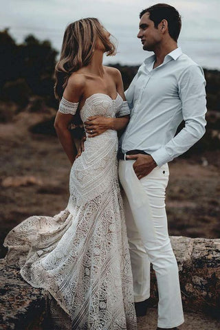 Vestidos de novia de encaje color marfil para bodas en la playa, vestidos de novia con escote corazón WD335