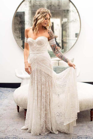 Vestidos de novia de encaje color marfil para bodas en la playa, vestidos de novia con escote corazón WD335