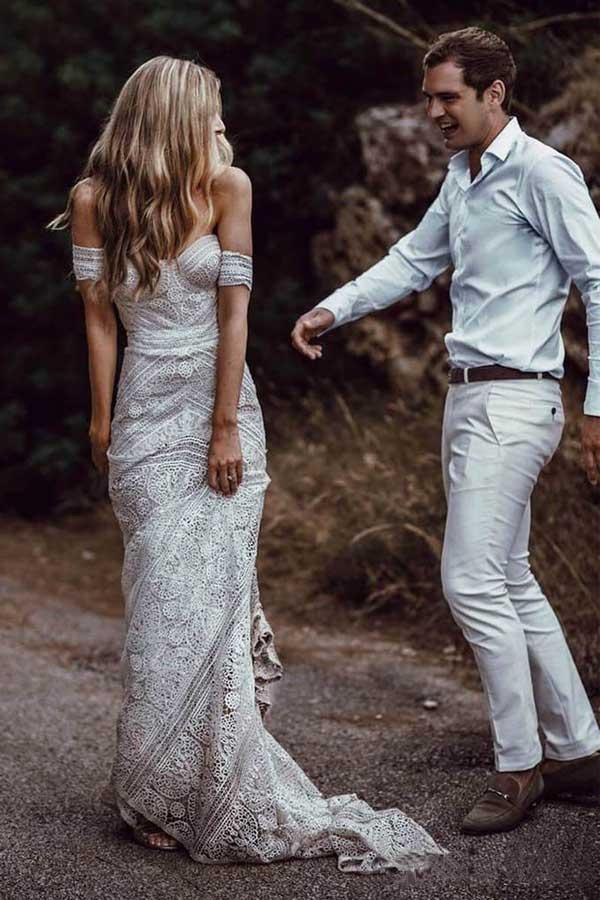 Robes de mariée de plage en dentelle ivoire, décolleté en cœur, modèle WD335