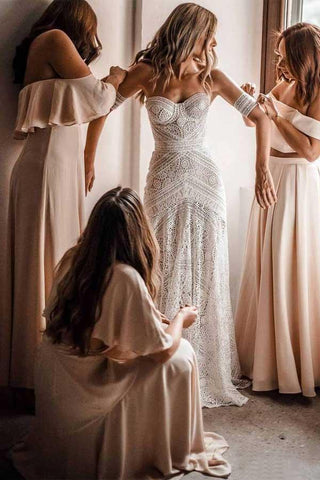 Vestidos de novia de encaje color marfil para bodas en la playa, vestidos de novia con escote corazón WD335