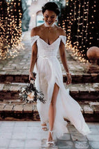 Ivory Lace Off The Shoulder Backless Chiffon Split Wedding Dresses WD511