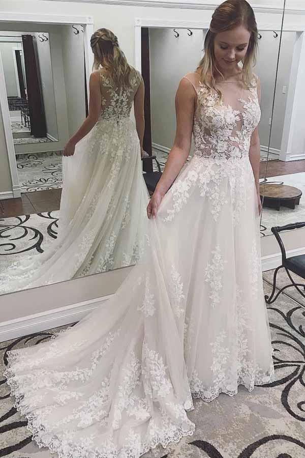 Robe de mariée en dentelle ivoire transparente avec application et traîne courte WD296