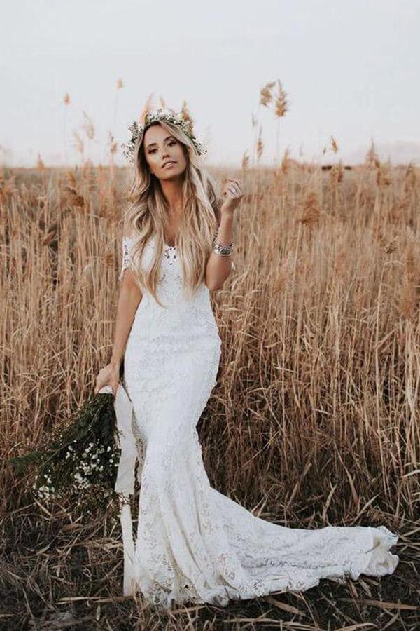 Robe de mariée sirène en dentelle ivoire, décolleté WD288