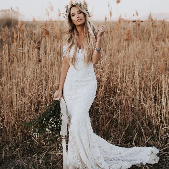 Robe de mariée sirène en dentelle ivoire, décolleté WD288