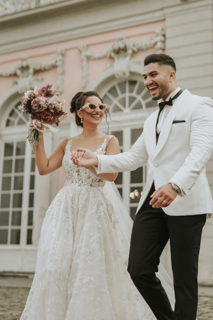 Ivory Sleeveless Straps A-Line Wedding Dress with Chapel Train
