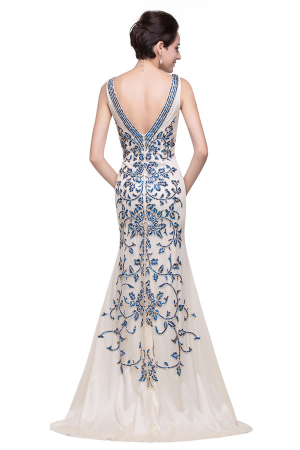 Robe de soirée sirène ivoire à col en V et appliques, longueur au sol