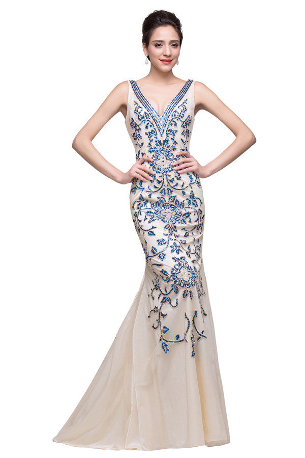 Robe de soirée sirène ivoire à col en V et appliques, longueur au sol
