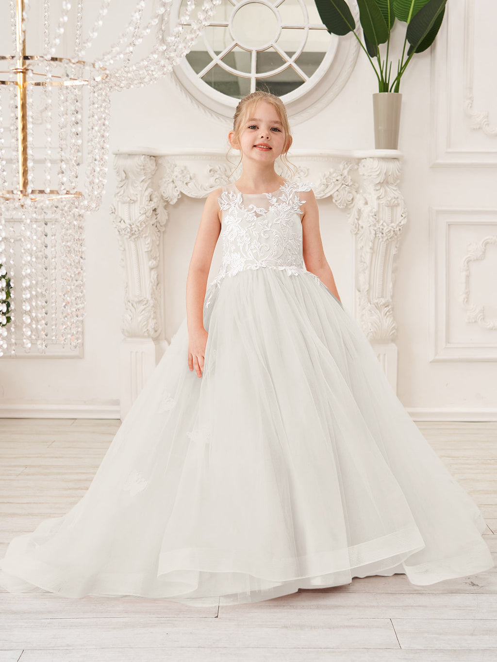 Elegante vestido de princesa sin mangas de tul para niña de las flores, corte en A 