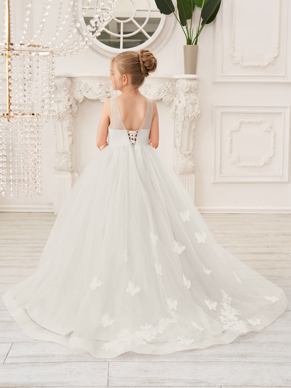 Elegante vestido de princesa sin mangas de tul para niña de las flores, corte en A 