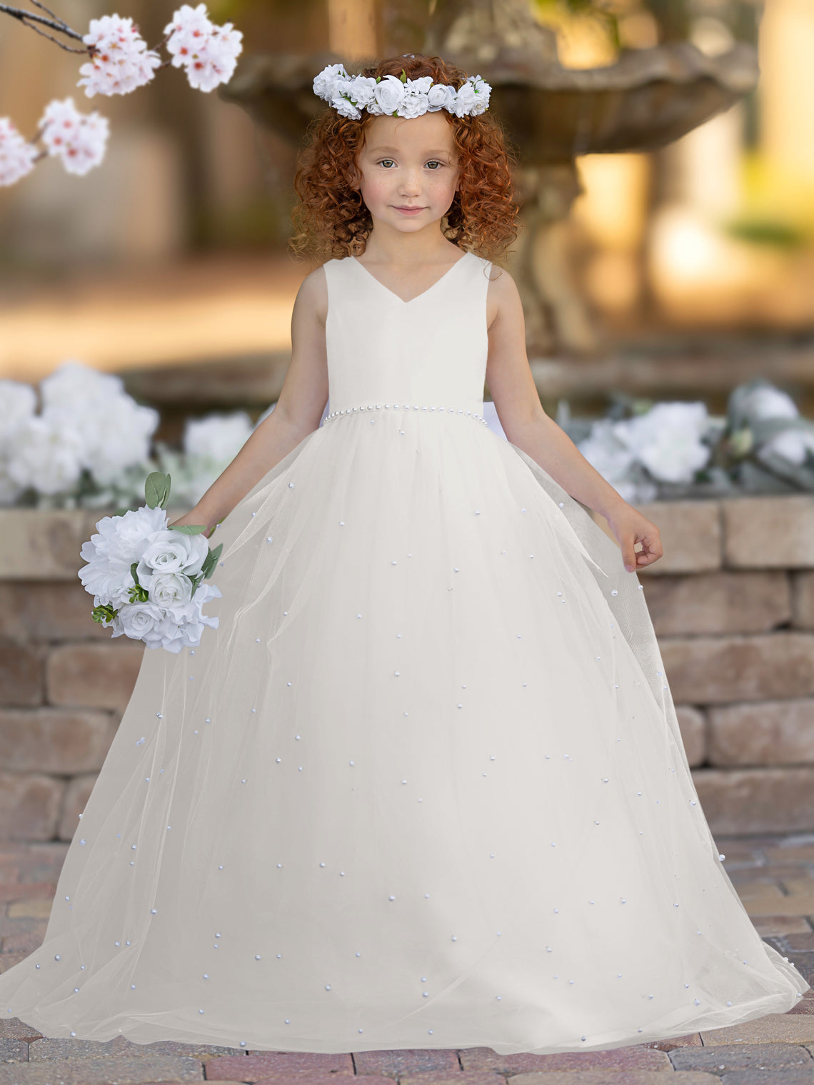 Elegante vestido de princesa de satén y tul para niña de las flores 