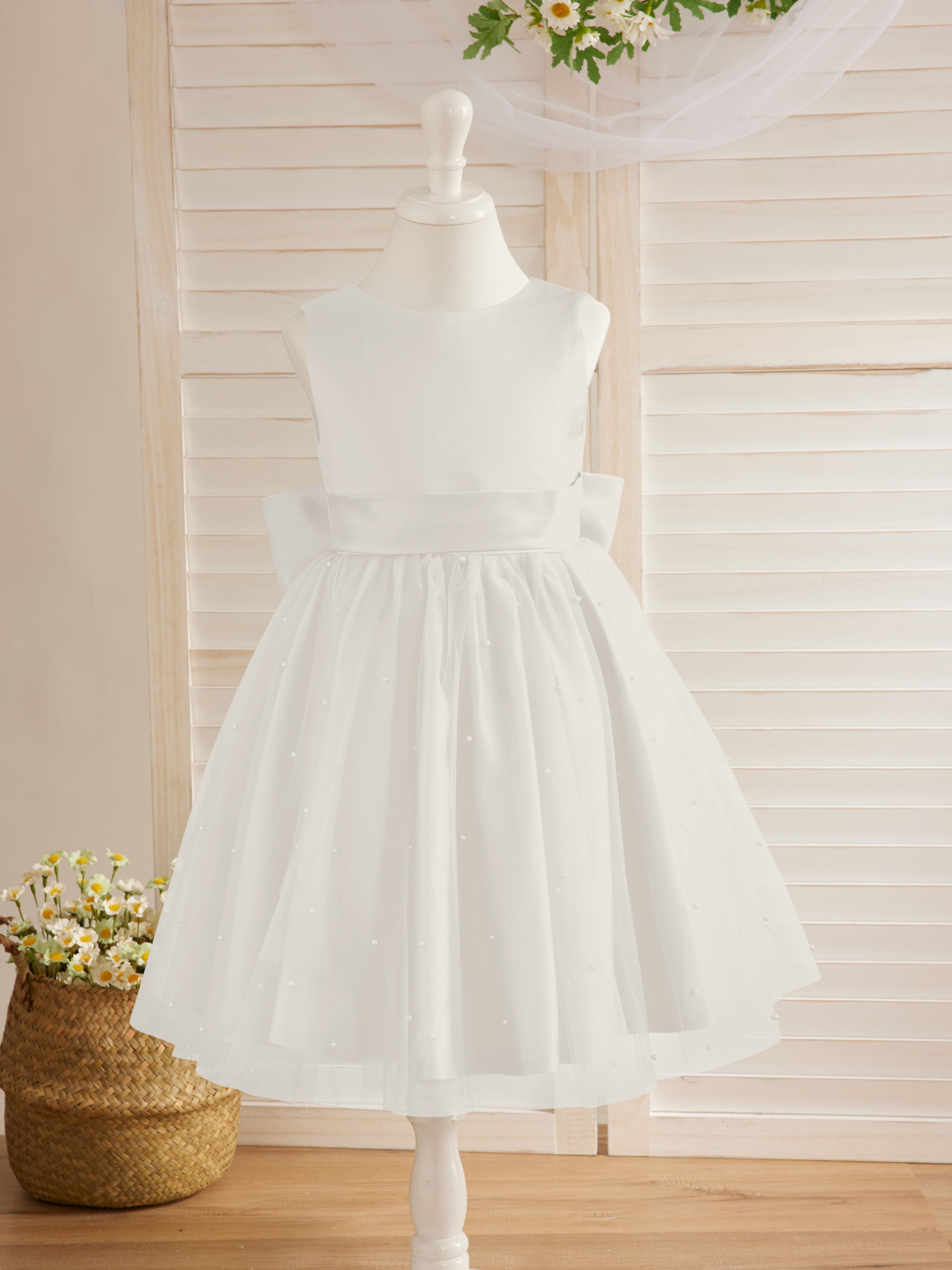 Vestido de princesa/vestido de princesa de satén y tul hasta la rodilla para niña de las flores 
