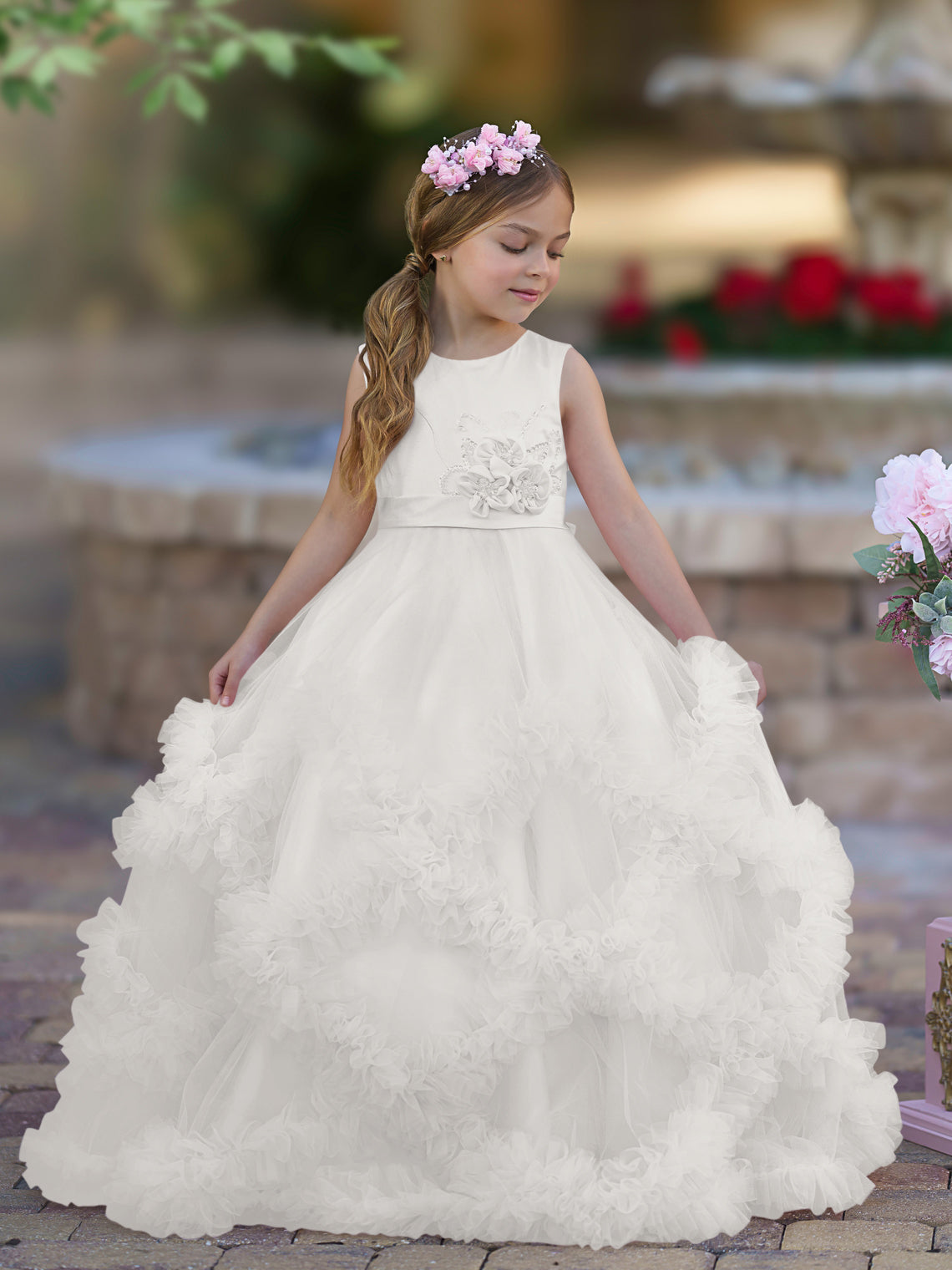 Vestido de niña de las flores de corte A, de satén y tul, hasta el suelo, con volantes en cascada. 